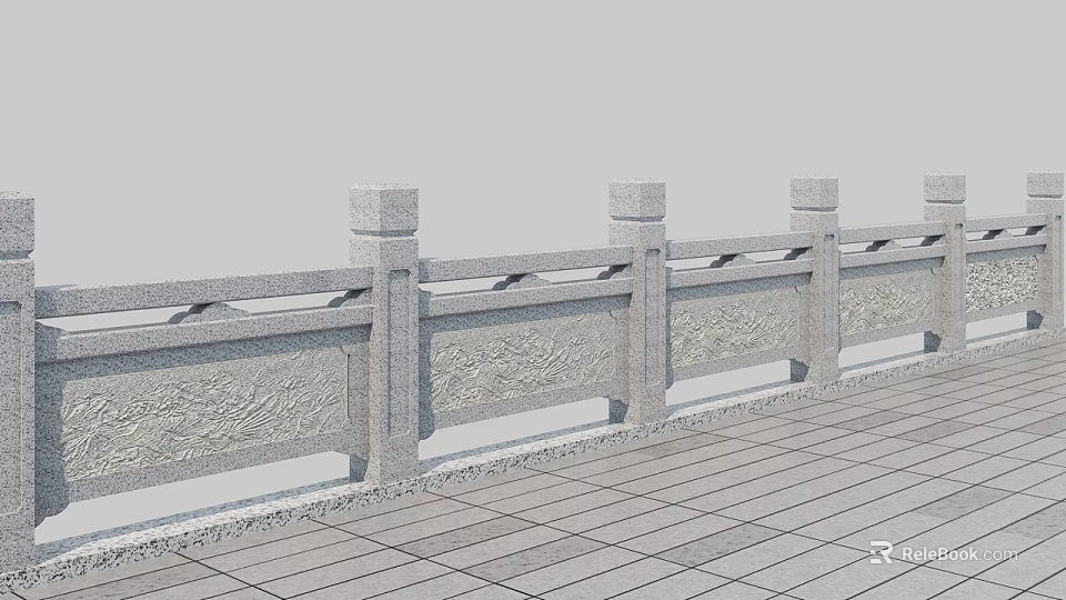 Ornate Stone Balustrade with Carved Patterns Pillars and Paved Stone Floor 3d model