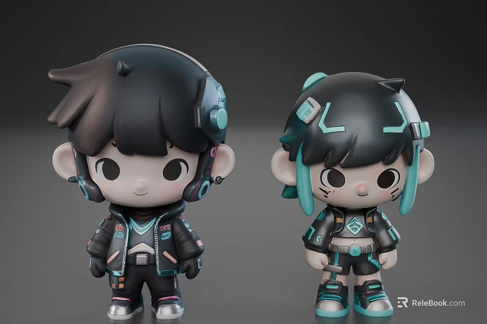 Two Futuristic Cartoon Characters With Tech Inspired Outfits And Headphones 3d model 