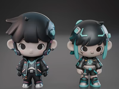 Two Futuristic Cartoon Characters With Tech Inspired Outfits And Headphones 3d model