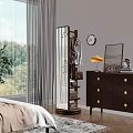 Modern Wooden Hanger with Plant Decor in Cozy Room with Drawer Chest and Table Lamp