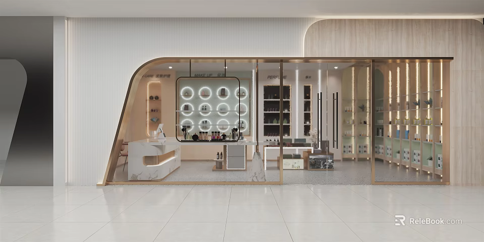 Modern Elegant Retail Store Interior With Glass Facade Display Shelves And Counter 3d model 