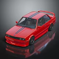 Red Sporty Sedan With Black Stripes And Shiny Wheels On Reflective Surface