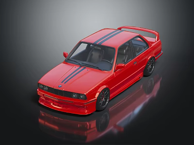 Red Sporty Sedan With Black Stripes And Shiny Wheels On Reflective Surface 3d model