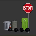 Urban Roadside Scene With Stop Sign Silver Gray Green Trash Bins Traffic Cone And Stones