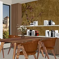 Modern Restaurant Interior With Wooden Dining Table Chairs Plum Blossom Wall Bookshelves And Decorations
