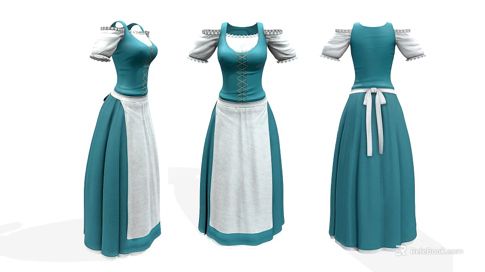 Vintage Blue And White Spliced Dress With Decorative White Sleeves Lace Collar And Back Ribbon 3d model 