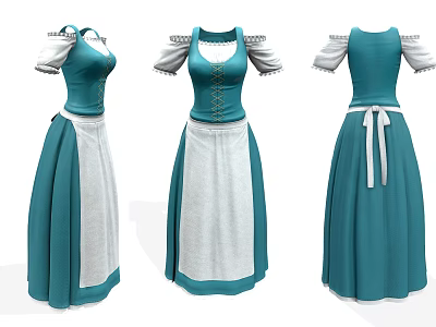 Vintage Blue And White Spliced Dress With Decorative White Sleeves Lace Collar And Back Ribbon 3d model
