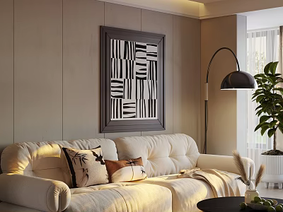 Elegant Modern Living Dining Room With Beige Sofa Black Floor Lamp Green Plant And Artwork 3d model