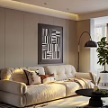 Elegant Modern Living Dining Room With Beige Sofa Black Floor Lamp Green Plant And Artwork