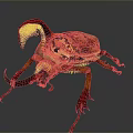 Vibrant Red and Orange Horned Beetle with Curved Horns in 3D Render