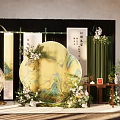 Traditional Chinese Decor Scene With Bamboo Screens Circular Landscape Painting And Floral Decorations