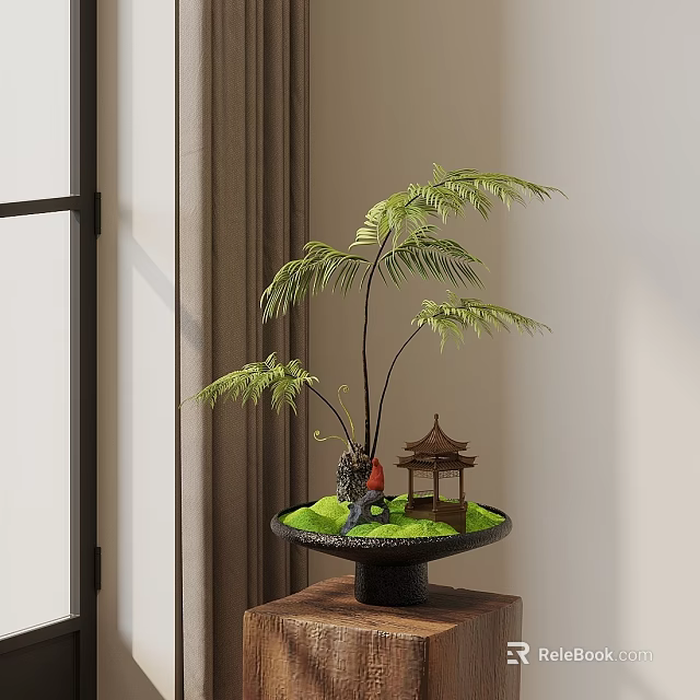 Bonsai Plant With Green Ferns Black Pot Small Pavilion And Green Moss On Wooden Table 3d model 