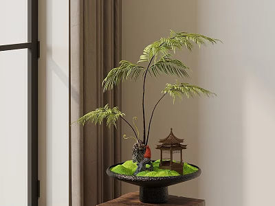 Bonsai Plant With Green Ferns Black Pot Small Pavilion And Green Moss On Wooden Table 3d model
