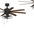 Two Modern Ceiling Fans With Wooden Blades And Metal Decorative Cage