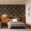 Hotel Guest Room Featuring Twin Beds Gold Patterned Wallpaper And Wooden Headboard Design