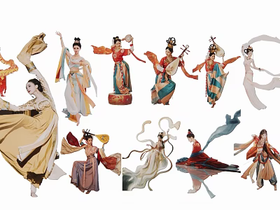 Group of Women Performing Traditional Dance in Ancient Chinese Costumes with Flowing Robes 3d model