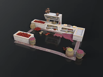 Traditional Market Stall Structure With Display Counters Red Grain Baskets And Clay Pots 3d model