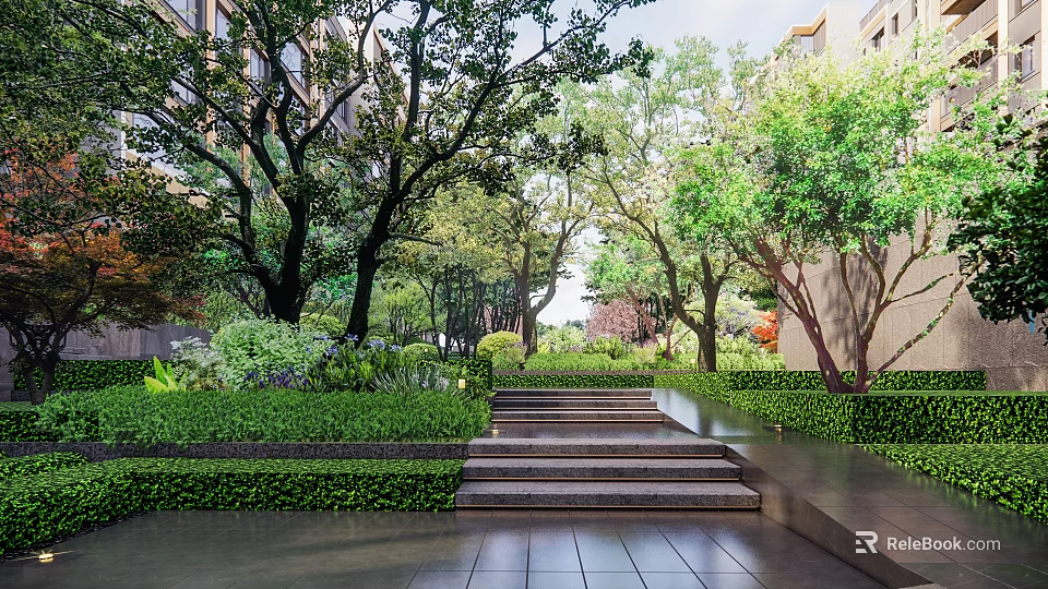 Residential Landscape Design With Stone Steps Lush Trees Greenery Shrubs And Paved Pathway 3d model 