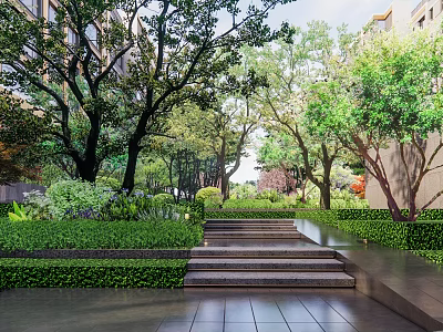 Residential Landscape Design With Stone Steps Lush Trees Greenery Shrubs And Paved Pathway 3d model