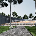 Modern Sales Office Building Surrounded By Trees With Stone Path And Grass