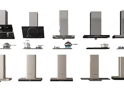 Modern Kitchen Appliances With Various Range Hoods And Stove Designs 3d model