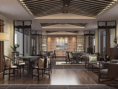 Traditional Chinese Teahouse Interior With Wooden Tables Chairs And Traditional Decor 3d model