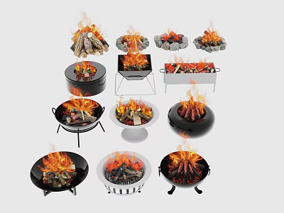 Stylish Outdoor Fire Pits With Various Designs And Burning Flames 3d model