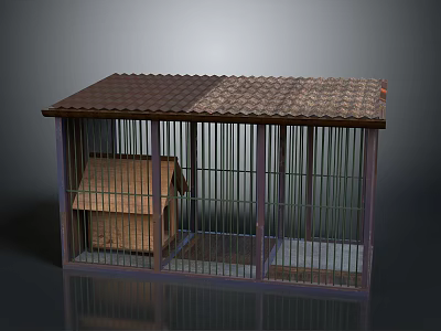 Cage Like Building Structure With Tiled Roof Wooden Bars And Internal Small House 3d model