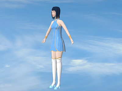Game Movie Character With Black Hair Blue Dress White Thigh High Socks And Blue Sky 3d model