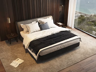 Double Bed In Modern Bedroom With Wooden Wall Floor to Ceiling Window And Sea View 3d model