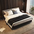 Double Bed In Modern Bedroom With Wooden Wall Floor to Ceiling Window And Sea View