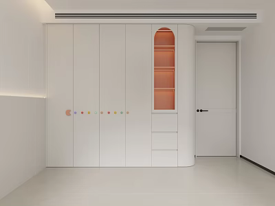 Modern White Wardrobe Curved Design with Orange Lit Shelves Colorful Accent Dots in Minimalist Interior 3d model