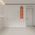 Modern White Wardrobe Curved Design with Orange Lit Shelves Colorful Accent Dots in Minimalist Interior