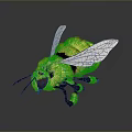 Yellow Fuzzy Bee With Transparent Wings And Black Stripes On Reflective Surface