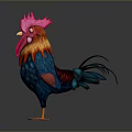 Colorful Rooster with Vibrant Red Comb Orange Feathers and Blue Body Standing on Dark Background
