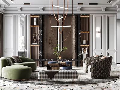 Modern Luxury Living Room Interior With Green Sofa Brown Armchair Marble Wall And Chandelier 3d model