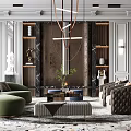 Modern Luxury Living Room Interior With Green Sofa Brown Armchair Marble Wall And Chandelier