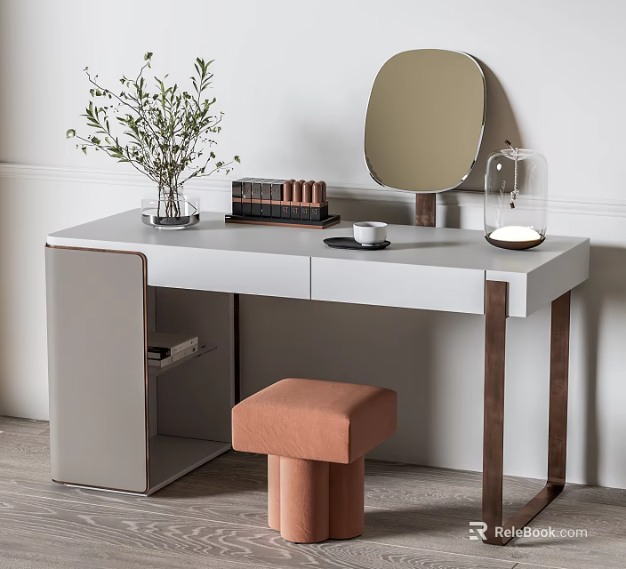 Elegant Modern Dressing Table with Round Mirror Vase Books and Pink Stool 3d model