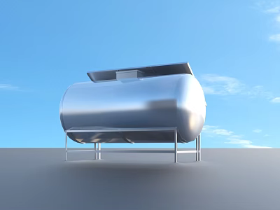 Shiny Stainless Steel Cylindrical Tank With Metal Stand Against Blue Sky 3d model