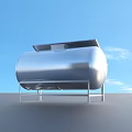 Shiny Stainless Steel Cylindrical Tank With Metal Stand Against Blue Sky
