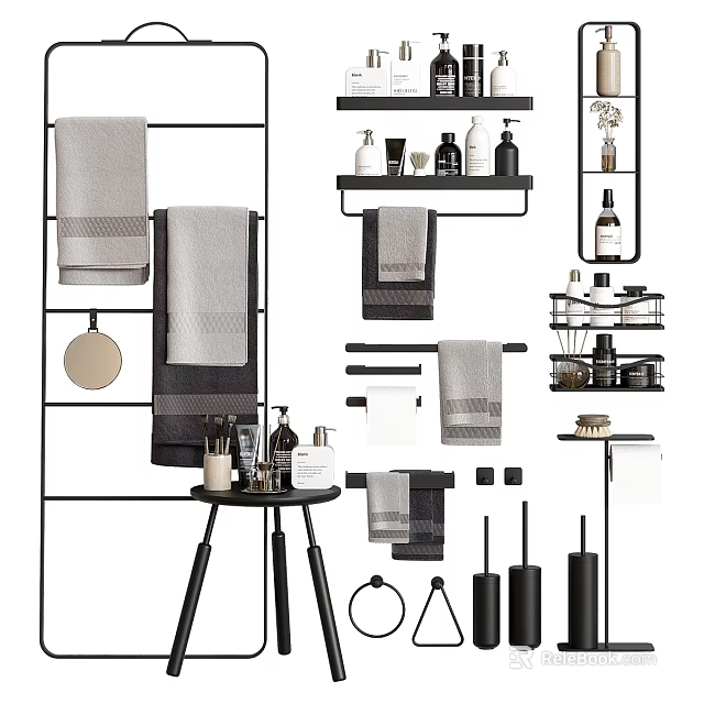 Bathroom Washing Daily Use Products Display With Towels And Racks 3d model 