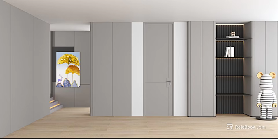 Gray And White Living Room Interior Design With Yellow Painting Black Bookshelf And Wooden Floor 3d model 