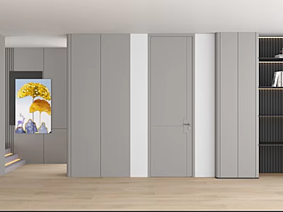 Gray And White Living Room Interior Design With Yellow Painting Black Bookshelf And Wooden Floor 3d model