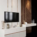 Modern Luxury TV Background Wall With White Panel Dark Wood Gold Lines And Decorative Items