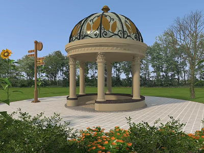 Ornate Gazebo With Gold Black Dome Columns Green Plants Sunflowers And Signpost 3d model