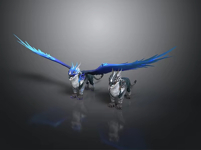 Two Mythical Creatures With Blue Wings And Silver Bodies Standing On Reflective Surface 3d model