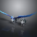 Two Mythical Creatures With Blue Wings And Silver Bodies Standing On Reflective Surface