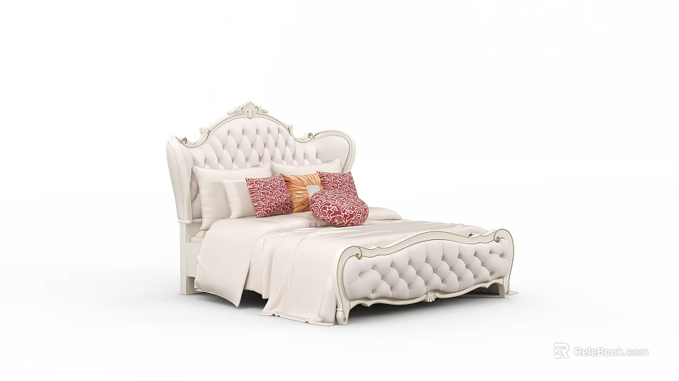 Elegant White Double Bed With Tufted Headboard Carved Frame And Colorful Pillows 3d model 
