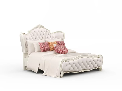 Elegant White Double Bed With Tufted Headboard Carved Frame And Colorful Pillows 3d model