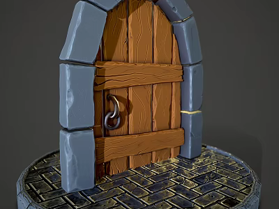 Wooden Swing Door with Arched Stone Frame and Metal Ring Handle on Circular Brick Base 3d model